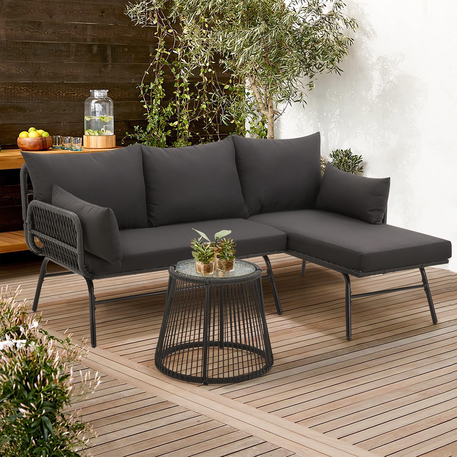 Outdoor Furniture Black - Juego de muebles de ratán para