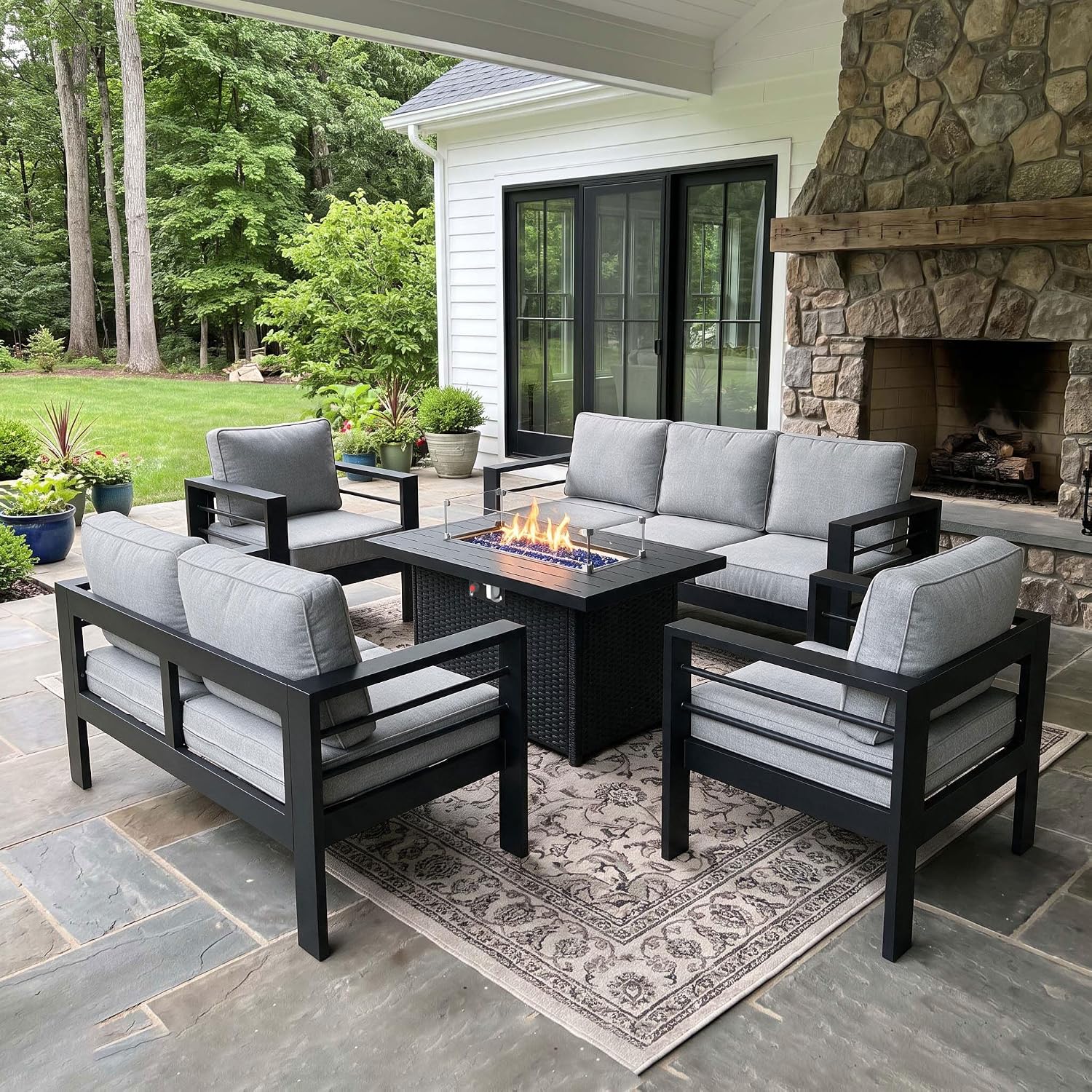 Outdoor Furniture With Fire Pit Table - Conjunto de muebles de aluminio para
